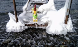 Size: 2048x1241 | Tagged: safe, photographer:pakapaka1993, spring glow, kirin, pony, g4, icicle, irl, japan, photo, pier, plushie, snow, solo, winter