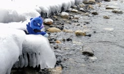 Size: 2048x1231 | Tagged: safe, photographer:pakapaka1993, princess luna, pony, seapony (g4), g4, icicle, irl, japan, photo, plushie, race swap, rock, snow, solo, water, winter