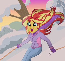 Size: 1024x965 | Tagged: safe, artist:emeraldblast63, sunset shimmer, equestria girls, g4, clothes, female, jacket, open mouth, skiing, smiling, snow, tree, windswept hair, winter