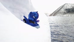 Size: 2048x1152 | Tagged: safe, photographer:pakapaka1993, princess luna, pony, seapony (g4), g4, irl, japan, mountain, ocean, photo, plushie, race swap, snow, solo, water, winter