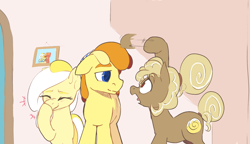 Size: 1742x1000 | Tagged: safe, artist:storyteller, oc, oc:cinni swirl, oc:omelette, oc:sunny side, earth pony, pony, female, height difference, male, mare, size comparison, stallion, surprised