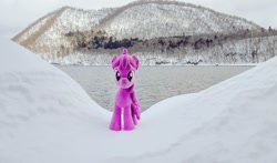 Size: 1024x602 | Tagged: safe, photographer:pakapaka1993, berry punch, berryshine, earth pony, pony, g4, irl, japan, mountain, photo, plushie, snow, solo, tree, winter