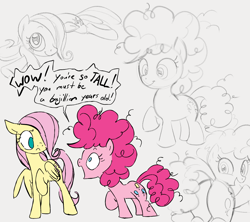 Size: 1182x1049 | Tagged: safe, artist:dotkwa, fluttershy, pinkie pie, earth pony, pegasus, pony, g4, balloonbutt, butt, crossed hooves, cute, diapinkes, duo, female, filly, filly fluttershy, filly pinkie pie, gray background, hair over one eye, lying down, no pupils, plot, prone, raised hoof, shyabetes, simple background, speech bubble, younger