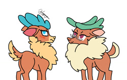 Size: 1024x648 | Tagged: safe, artist:ma5teroftheuniv3rse, cashmere (tfh), velvet (tfh), deer, reindeer, them's fightin' herds, chest fluff, community related, cousins, duo, female, fluffy, frown, glasses, jealous, lidded eyes, looking back, missing accessory, signature, simple background, smiling, unamused, velvet is not amused, white background