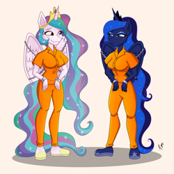 Size: 3000x3000 | Tagged: safe, artist:hadesvita, artist:kefitani, princess celestia, princess luna, anthro, g4, bound wings, chained, clothes, cuffed, duo, high res, hoof shoes, prison outfit, prisoner, varying degrees of want, wings