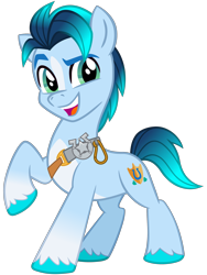 Size: 2100x2800 | Tagged: safe, artist:cheezedoodle96, hitch trailblazer, earth pony, pony, g5, my little pony: a new generation, .svg available, alternate color palette, badge, blaze (coat marking), blue coat, coat markings, colored hooves, dreamworks face, facial markings, gradient mane, gradient tail, high res, looking at you, male, open mouth, open smile, pale belly, raised eyebrow, raised hoof, sheriff's badge, simple background, smiling, smiling at you, socks (coat markings), solo, stallion, svg, tail, teal mane, teal tail, transparent background, vector, vector trace, what could have been