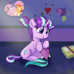 Size: 1280x1280 | Tagged: safe, artist:brella, starlight glimmer, sunburst, pony, unicorn, g4, book, colt, colt sunburst, cute, female, filly, filly starlight glimmer, glimmerbetes, heart, implied shipping, implied starburst, implied straight, kite, male, pigtails, smiling, starlight's room, stars, that pony sure does love kites, younger