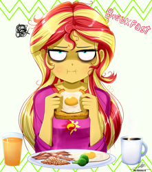 Size: 2408x2720 | Tagged: safe, artist:the-butch-x, sunset shimmer, equestria girls, g4, bacon, bags under eyes, beans, bread, breakfast, broccoli, coffee, coffee mug, eating, egg, exhausted, food, fried egg, high res, juice, meat, messy hair, morning ponies, mug, orange juice, solo, sunset shimmer is not amused, toast, unamused