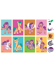 Size: 900x1200 | Tagged: safe, egmont, hitch trailblazer, izzy moonbow, pipp petals, sunny starscout, zipp storm, earth pony, pegasus, pony, unicorn, g5, my little pony: a new generation, official, 2d, badge, bag, bracelet, braid, cutie mark, disgusted, female, flying, happy, heart, horseshoes, jewelry, leo books, lev publishing, logo, long hair, looking at each other, looking at someone, looking at you, looking away, mane five, merchandise, phone, pointing, prancing, radish, raised hoof, royal sisters, royalty, selfie, shooting star, siblings, sisters, smiling, smiling at you, stars, sticker, tiara
