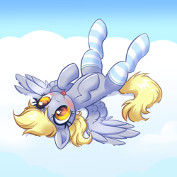 Size: 4000x4000 | Tagged: safe, alternate version, artist:confetticakez, derpy hooves, pegasus, pony, g4, :p, absurd resolution, blushing, clothes, cloud, cute, derpabetes, female, heart, heart eyes, lying down, mare, on a cloud, on back, patreon, patreon reward, socks, solo, spread wings, stockings, striped socks, thigh highs, tongue out, wingding eyes, wings
