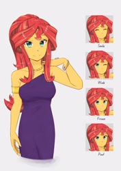 Size: 2121x3000 | Tagged: safe, artist:deeemperor, sunset shimmer, equestria girls, g4, alternate hairstyle, armlet, bare shoulders, beautiful, blushing, bracelet, clothes, cute, dress, female, frown, high res, jewelry, looking at you, necklace, off shoulder, one eye closed, pouting, purple dress, shimmerbetes, sleeveless, smiling, solo, wink