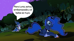 Size: 1280x720 | Tagged: safe, artist:enrique zx, derpibooru exclusive, edit, edited edit, edited screencap, editor:enrique zx, screencap, princess luna, twilight sparkle, alicorn, pony, unicorn, g4, luna eclipsed, season 2, 2022, candy, clothes, cosplay, costume, crown, ethereal mane, female, folded wings, food, galaxy mane, galaxy tail, horn, implied lesbian, implied pregnancy, implied sex, implied shipping, implied twiluna, jewelry, lesbian, nightmare night, nightmare night costume, regalia, ship:twiluna, shipping, spanish, spanish description, spanish text, speech bubble, star swirl the bearded costume, text, translation, translator:enrique zx, twilight the bearded, unicorn twilight, wings, wings down