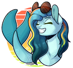 Size: 1024x954 | Tagged: safe, artist:ak4neh, oc, oc only, merpony, sea pony, seapony (g4), artfight, blue mane, blue tail, eyes closed, female, fish tail, flowing tail, freckles, glasses, mare, simple background, smiling, solo, tail, teeth, transparent background, water