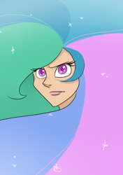 Size: 347x492 | Tagged: safe, artist:glitterypencils, princess celestia, human, g4, female, hair, humanized, looking at you, solo, sparkles