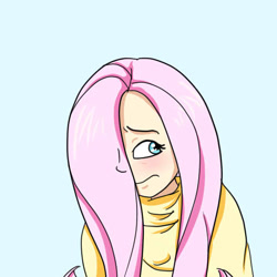 Size: 512x512 | Tagged: safe, artist:glitterypencils, fluttershy, human, g4, blue background, bust, clothes, female, hair over one eye, humanized, simple background, solo