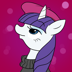 Size: 512x512 | Tagged: safe, artist:glitterypencils, rarity, pony, unicorn, g4, alternate hairstyle, beatnik rarity, beret, bust, clothes, female, hat, looking up, mare, solo, sweater