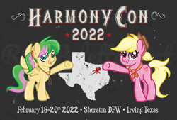 Size: 930x630 | Tagged: safe, artist:redpalette, oc, oc only, oc:harmonic tune, oc:harmony star, earth pony, pegasus, pony, 2022, blonde, clothes, convention, convention art, cowboy hat, cute, duo, earth pony oc, female, harmonycon, hat, mare, mascot, neckerchief, pegasus oc, postcard, scarf, smiling, texas, watermark