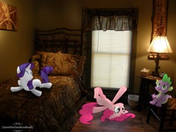 Size: 2828x2121 | Tagged: safe, artist:zombielandundead, pinkie pie, rarity, spike, dragon, earth pony, pony, unicorn, g4, 2018, bed, female, high res, irl, lamp, male, mare, photo, ponies in real life