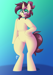 Size: 2894x4093 | Tagged: safe, artist:artsyambi, part of a set, oc, oc only, oc:ambiguity, unicorn, semi-anthro, arm hooves, bipedal, blushing, chest fluff, collar, eyebrows, eyeshadow, femboy, glasses, gradient background, green eyes, horn, lidded eyes, looking at you, makeup, male, mascara, ponytail, signature, smiling, smiling at you, smirk, smug, solo, stallion, tail, thighs