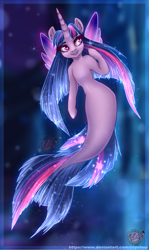 Size: 1219x2048 | Tagged: safe, artist:copshop, twilight sparkle, alicorn, merpony, seapony (g4), g4, blushing, bubble, dorsal fin, eyelashes, eyeshadow, female, fish tail, flowing mane, flowing tail, glitter, horn, lidded eyes, logo, looking at you, makeup, mare, ocean, open mouth, purple hair, purple mane, seaponified, seapony twilight, seaquestria, smiling, smiling at you, solo, sparkling mane, species swap, swimming, tail, twilight sparkle (alicorn), underwater, water