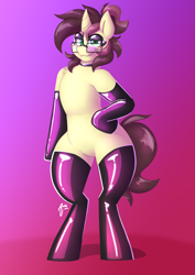 Size: 2894x4093 | Tagged: safe, artist:artsyambi, part of a set, oc, oc only, oc:ambiguity, unicorn, semi-anthro, arm hooves, bipedal, blushing, chest fluff, clothes, collar, eyebrows, eyeshadow, femboy, glasses, gradient background, green eyes, horn, latex, latex socks, latex stockings, lidded eyes, looking at you, makeup, male, mascara, ponytail, signature, smiling, smiling at you, smirk, smug, socks, solo, stallion, tail, thighs