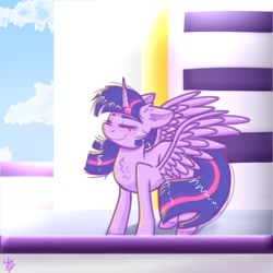 Size: 1280x1280 | Tagged: safe, artist:galaxy swirl, twilight sparkle, alicorn, pony, g4, blushing, eyes closed, female, horn, mare, smiling, solo, spread wings, twilight sparkle (alicorn), wings