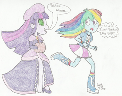 Size: 1400x1104 | Tagged: safe, artist:bageloftime, rainbow dash, twilight sparkle, equestria girls, g4, clothes, dress, duo, gown, holiday, hypno eyes, hypnosis, hypnotized, long dress, long skirt, miniskirt, skirt, traditional art, valentine's day