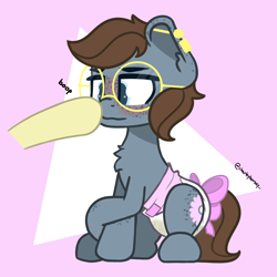 Size: 2000x2000 | Tagged: safe, artist:charleyhorsey, oc, oc only, pony, abstract background, boop, diaper, diaper fetish, fetish, glasses, high res, hooves, non-baby in diaper, pink bow, urine, wet diaper