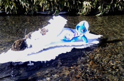 Size: 2048x1332 | Tagged: safe, photographer:pakapaka1993, trixie, pony, unicorn, g4, cape, clothes, ice, icicle, irl, japan, photo, plant, plushie, rock, snow, solo, trixie's cape, water