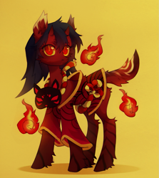 Size: 965x1080 | Tagged: safe, artist:miioko, oc, oc only, pony, clothes, fire, horns, mask, simple background, solo, yellow background