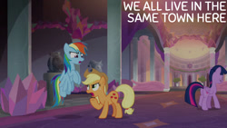 Size: 1280x720 | Tagged: safe, edit, edited screencap, editor:quoterific, screencap, applejack, rainbow dash, twilight sparkle, alicorn, earth pony, pegasus, pony, g4, non-compete clause, season 8, applejack's hat, cowboy hat, eyes closed, female, flying, hat, mare, open mouth, school of friendship, smiling, twilight sparkle (alicorn), wings