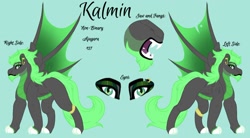 Size: 1488x823 | Tagged: safe, artist:teonnakatztkgs, oc, oc only, oc:kalmin, bat wings, beard, colored hooves, facial hair, fangs, green background, makeup, reference sheet, simple background, wings