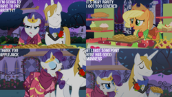 Size: 1280x720 | Tagged: safe, edit, edited screencap, editor:quoterific, screencap, applejack, prince blueblood, rarity, earth pony, pony, unicorn, g4, season 1, the best night ever, accidental innuendo, clothes, cowboy hat, dress, eyes closed, female, gala dress, hat, male, mare, open mouth, open smile, smiling, stallion