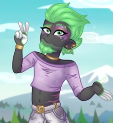 Size: 941x1026 | Tagged: safe, artist:teonnakatztkgs, oc, oc only, oc:kalmin, equestria girls, g4, beard, choker, clothes, ear piercing, equestria girls-ified, facial hair, makeup, male, midriff, mountain, outdoors, pants, peace sign, piercing, solo