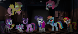 Size: 1906x836 | Tagged: safe, artist:yulianapie26, applejack, fluttershy, pinkie pie, princess flurry heart, rainbow dash, rarity, starlight glimmer, sunset shimmer, twilight sparkle, earth pony, pegasus, pony, robot, robot pony, unicorn, g4, animatronic, base used, female, glowing, glowing eyes, indoors, mane six, mare, ponified