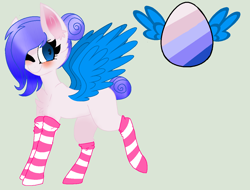 Size: 1224x932 | Tagged: safe, artist:yulianapie26, oc, oc only, pegasus, pony, base used, clothes, egg, eyelashes, female, mare, one eye closed, pegasus oc, simple background, socks, solo, striped socks, wings, wink