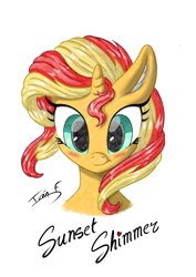 Size: 2481x3508 | Tagged: safe, artist:memprices, sunset shimmer, pony, unicorn, blue eyes, blushing, bust, cute, ear fluff, female, front view, high res, horn, looking at you, mare, one ear down, pencil, portrait, shimmerbetes, signature, simple background, smiling, solo, white background