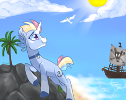 Size: 2738x2190 | Tagged: safe, artist:kaikururu, oc, oc only, pony, unicorn, choker, colored hooves, female, freckles, high res, horn, looking back, male, mare, multicolored hair, outdoors, palm tree, pirate ship, rainbow hair, smiling, stallion, tree, unicorn oc