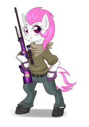 Size: 2800x4000 | Tagged: safe, artist:kaikururu, oc, oc only, earth pony, pony, bipedal, clothes, earth pony oc, eyelashes, female, grin, gun, mare, neckerchief, pants, rifle, simple background, smiling, transparent background, weapon