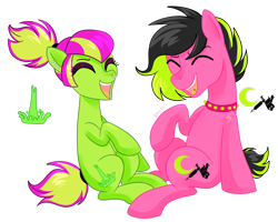 Size: 2738x2190 | Tagged: safe, artist:kaikururu, oc, oc only, earth pony, pony, choker, duo, earth pony oc, female, high res, laughing, male, mare, neon, nose piercing, nose ring, open mouth, piercing, simple background, sitting, smiling, spiked choker, stallion, tongue piercing, transparent background