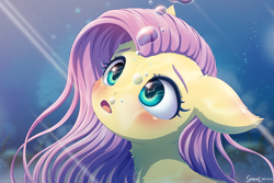 Size: 2700x1800 | Tagged: safe, artist:symbianl, fluttershy, pegasus, pony, blushing, bubble, bust, confused, crepuscular rays, cute, cute little fangs, digital art, fangs, female, flowing mane, fluffy, green eyes, high res, looking up, mare, ocean, open mouth, pink mane, portrait, reflection, shyabetes, signature, solo, sunlight, underwater, water