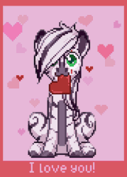 Size: 258x360 | Tagged: safe, artist:yarugreat, oc, oc:palatinatus clypeus, zebra, animated, commission, gif, heart, hearts and hooves day, mouth hold, pixel animation, pixel art, sitting, solo, ych animation, ych result