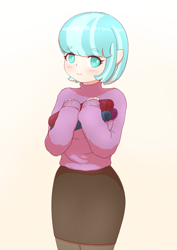 Size: 2508x3541 | Tagged: safe, artist:sigpi, coco pommel, earth pony, anthro, g4, clothes, fabric, female, high res, human facial structure, looking at you, smiling, solo, sweater