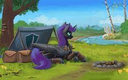 Size: 1920x1200 | Tagged: safe, artist:kirillk, oc, oc only, oc:nyx, alicorn, griffon, pony, alicorn oc, horn, looking at you, river, solo focus, sword, tent, water, weapon, wings