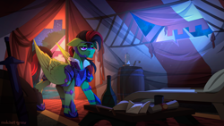 Size: 3000x1688 | Tagged: safe, artist:redchetgreen, oc, oc only, oc:lightning weather, pegasus, pony, armor, barrel, bed, candle, letter, male, night, pillow, scroll, solo, stallion, sword, tent, weapon