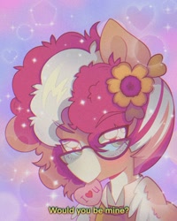 Size: 1638x2048 | Tagged: safe, artist:pierogarts, oc, oc only, pegasus, pony, 90s anime, flower, flower in hair, glasses, holiday, mouth hold, solo, valentine's day
