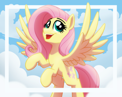 Size: 2560x2048 | Tagged: safe, artist:whitequartztheartist, fluttershy, pegasus, pony, g4, cloud, cute, female, happy, high res, hooves, mare, open mouth, open smile, out of frame, shading, shyabetes, sky, smiling, solo, spread wings, wings