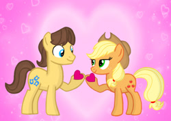 Size: 1280x908 | Tagged: safe, artist:mlplary6, applejack, caramel, earth pony, pony, g4, boyfriend and girlfriend, female, heart, holiday, looking at each other, male, ship:carajack, shipping, smiling, smiling at each other, straight, valentine's day, valentine's day card