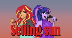 Size: 2367x1246 | Tagged: safe, artist:elisdoominika, sci-twi, sunset shimmer, twilight sparkle, equestria girls, clothes, crying, dress, female, fist, lesbian, looking at each other, looking at someone, microphone, ponytail, scitwishimmer, shipping, smiling, smiling at each other, sunset, sunsetsparkle, sunshine shimmer