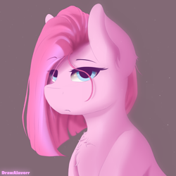 Size: 2000x2000 | Tagged: safe, artist:drawalaverr, pinkie pie, earth pony, pony, g4, annoyed, bust, eye clipping through hair, fanart, female, high res, looking at you, mare, offscreen character, pinkamena diane pie, portrait, quadrupedal, serious, serious face, simple background, solo